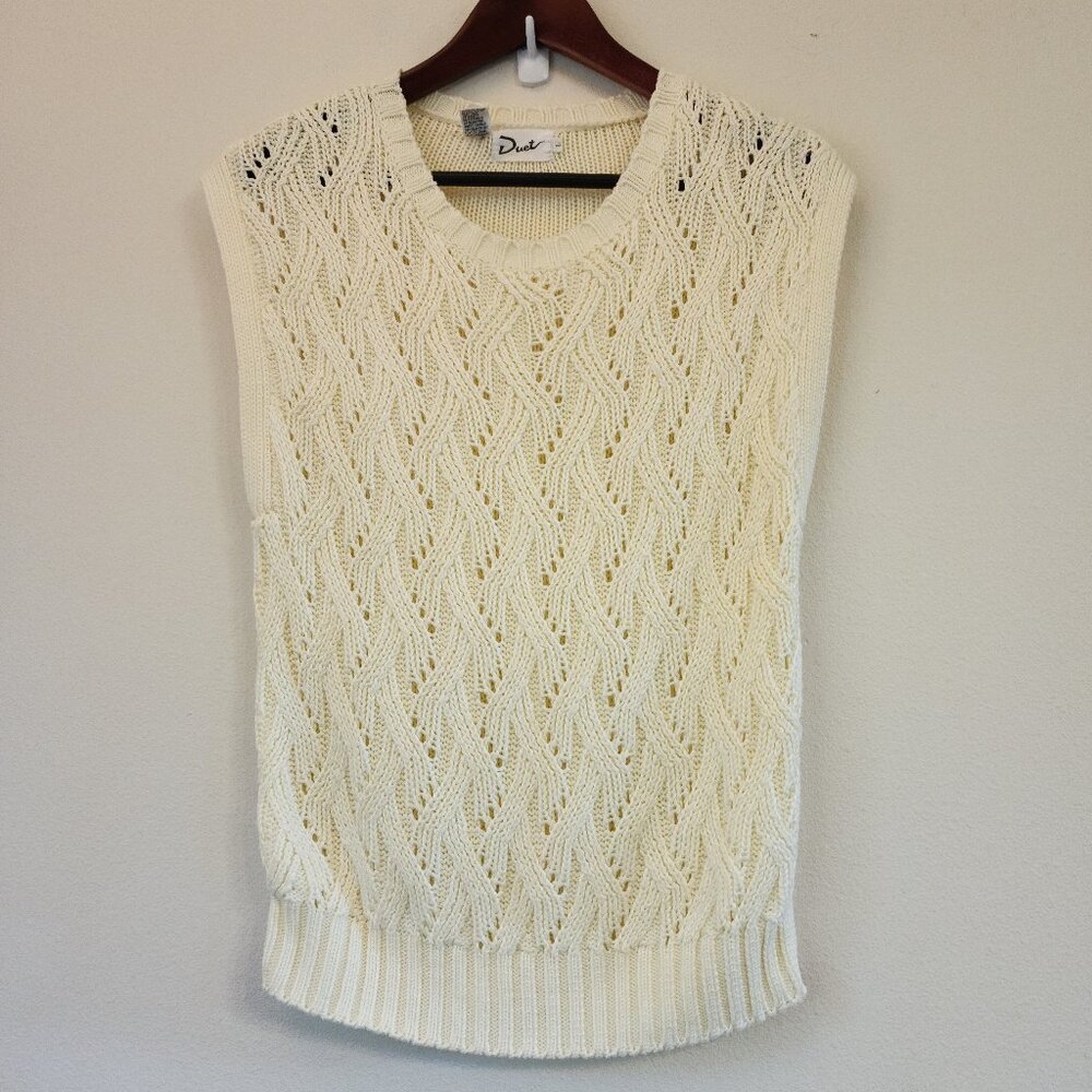 VTG Duet Off White Open Knit Pattern Pullover Sweater Vest Hand Knit Women L Y2K